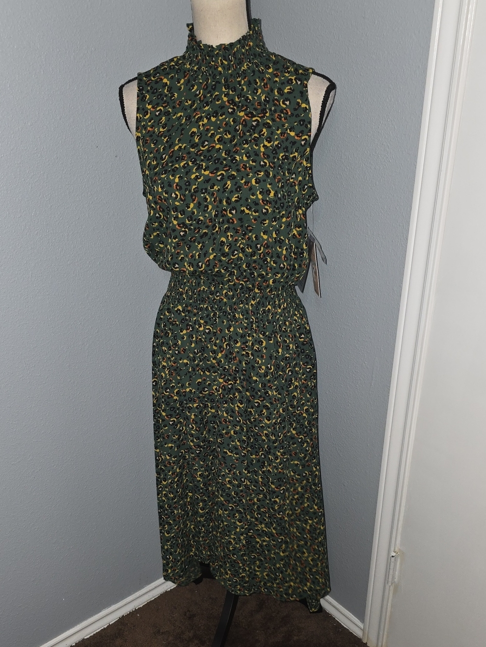 Nanette Lepore Green Leopard-Print Smocked-Waist Midi Dress